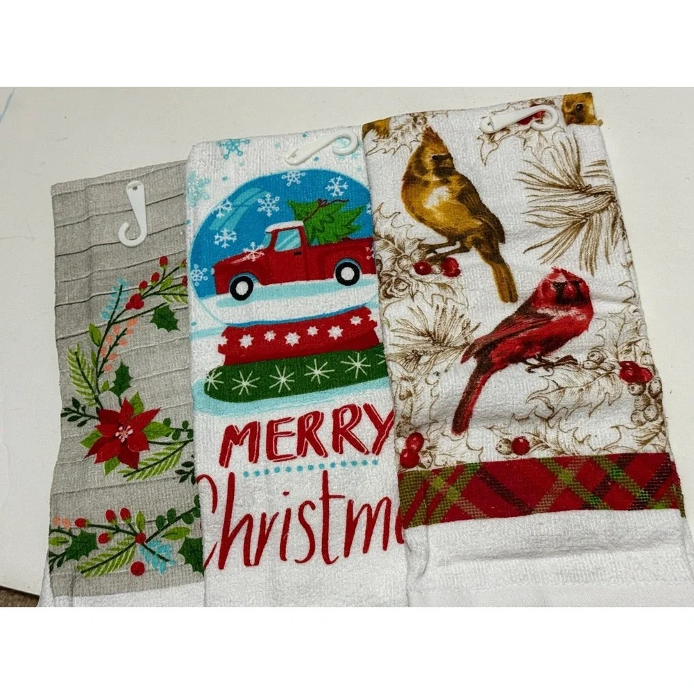 NWT Lot of 3 Christmas Holiday Kitchen Towels Truck Cardinal‎ Birds Wreath